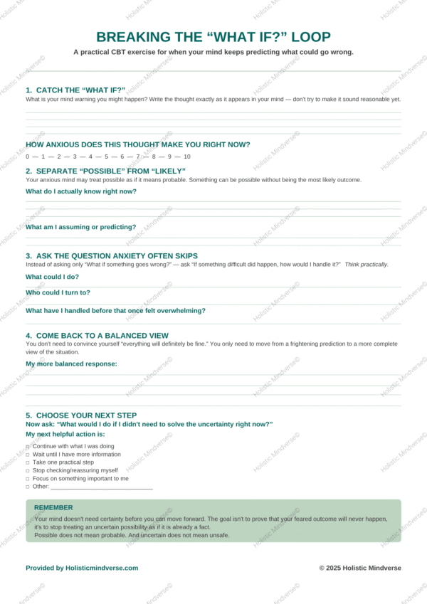 BREAKING THE “WHAT IF” LOOP Breaking the “What If?” Loop: CBT Anxiety Worksheet