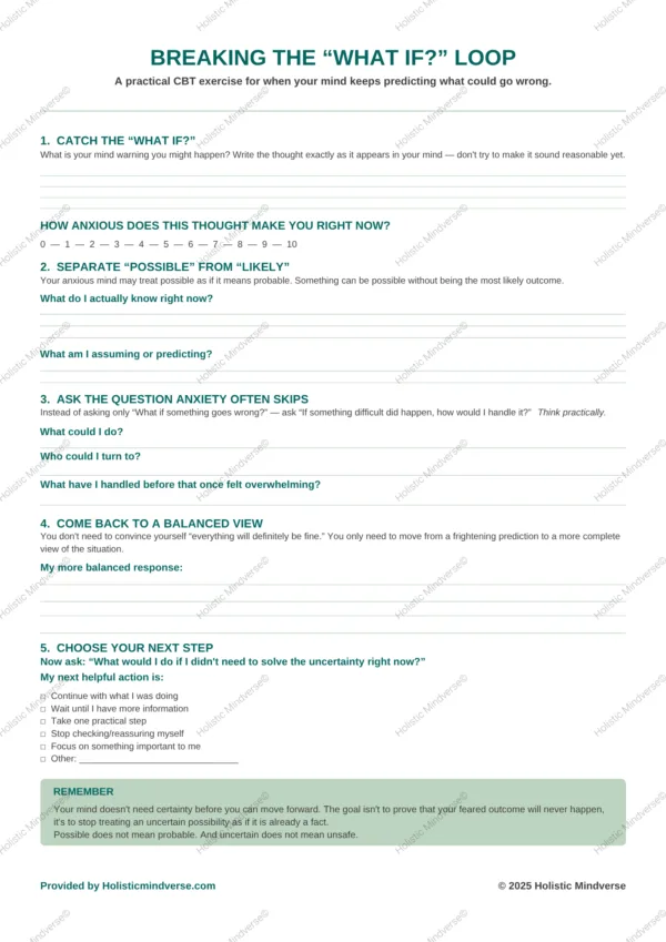 BREAKING THE “WHAT IF” LOOP Breaking the “What If?” Loop: CBT Anxiety Worksheet